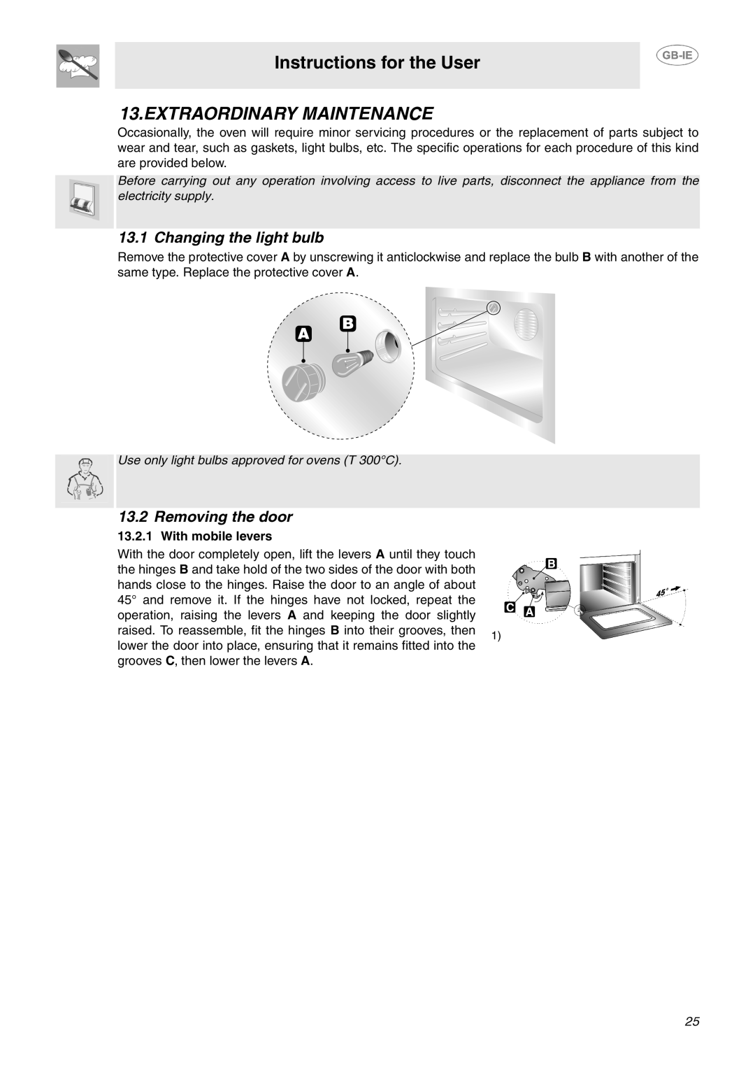 Smeg SCA311XP, SCA130P manual Extraordinary Maintenance, Changing the light bulb, Removing the door, With mobile levers 