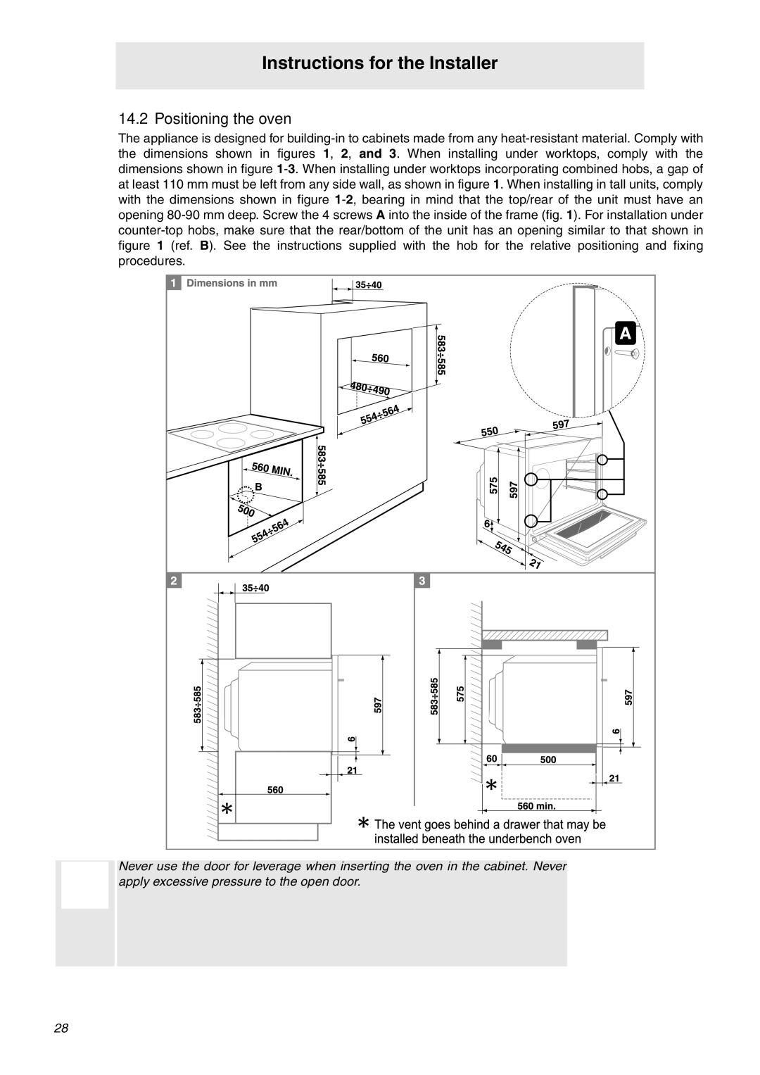 Smeg SCA130P, SCA311XP manual Instructions for the Installer, Positioning the oven 