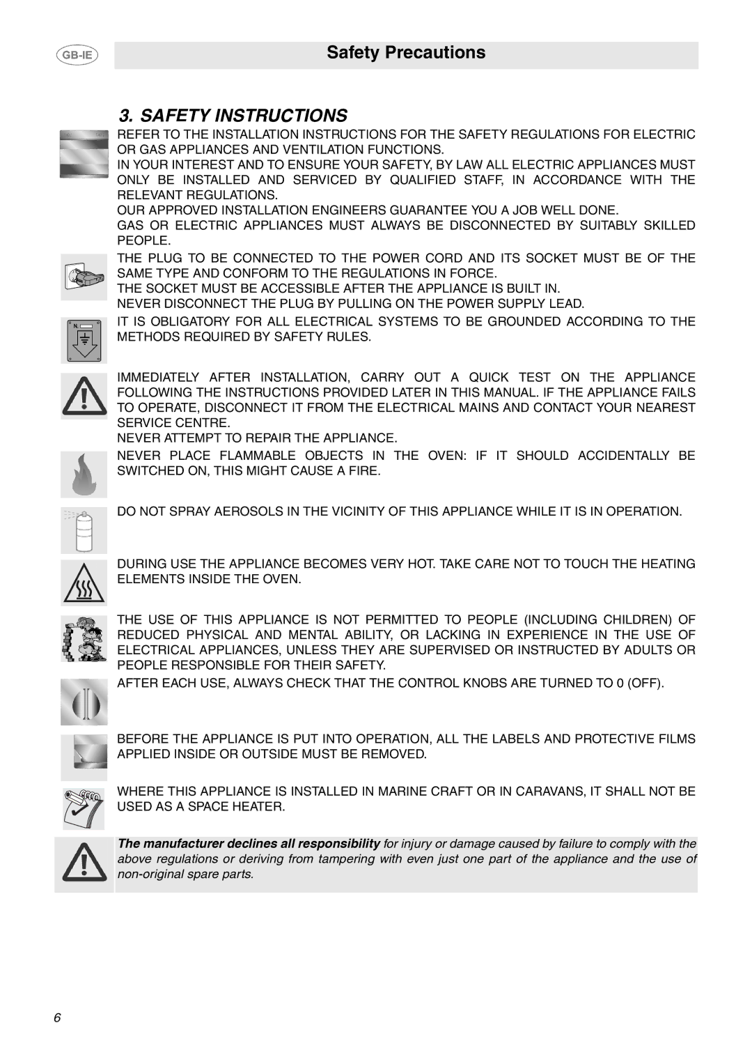 Smeg SCA130P, SCA311XP manual Safety Instructions 