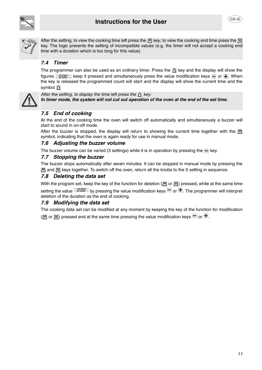 Smeg SCA311XP, SCA130P manual Timer, End of cooking, Adjusting the buzzer volume, Stopping the buzzer, Deleting the data set 