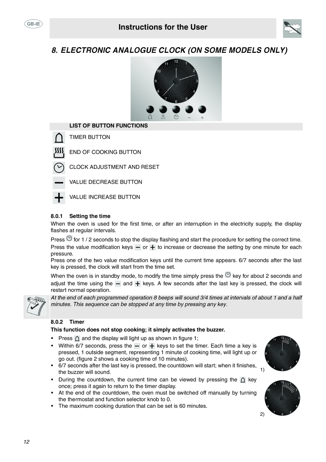 Smeg SCA130P Electronic Analogue Clock On Some Models Only, Instructions for the User, List Of Button Functions, Timer 
