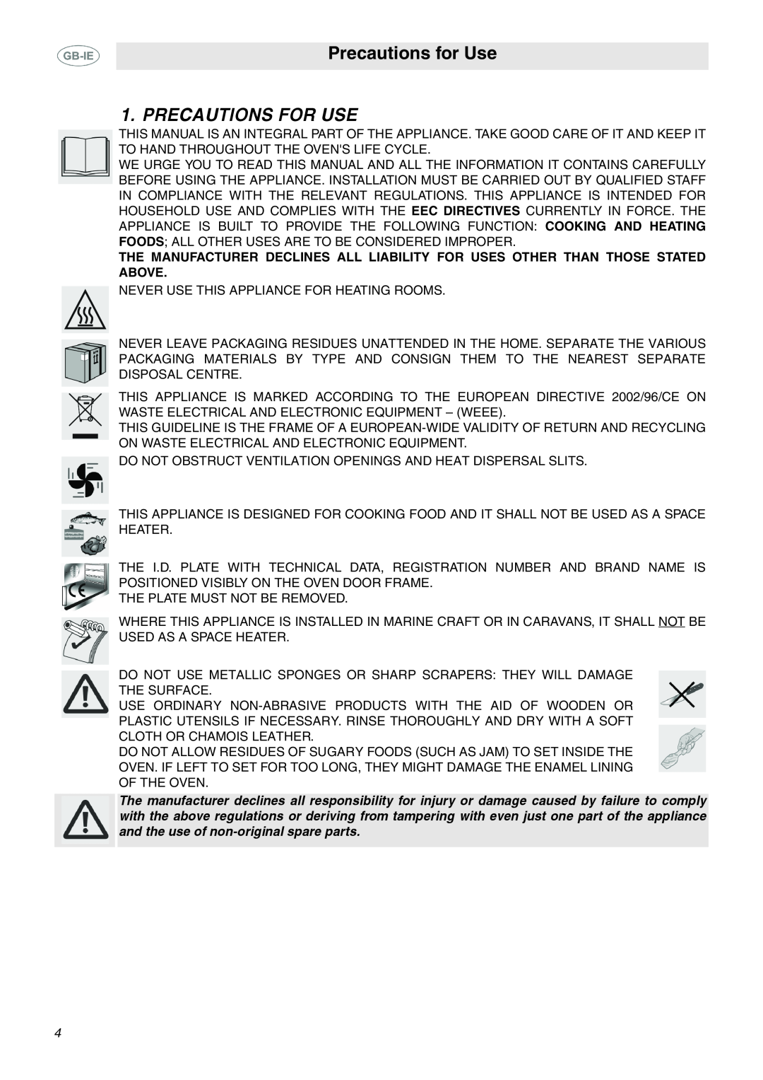 Smeg SCA130P, SCA311XP manual Precautions for Use, Precautions For Use 