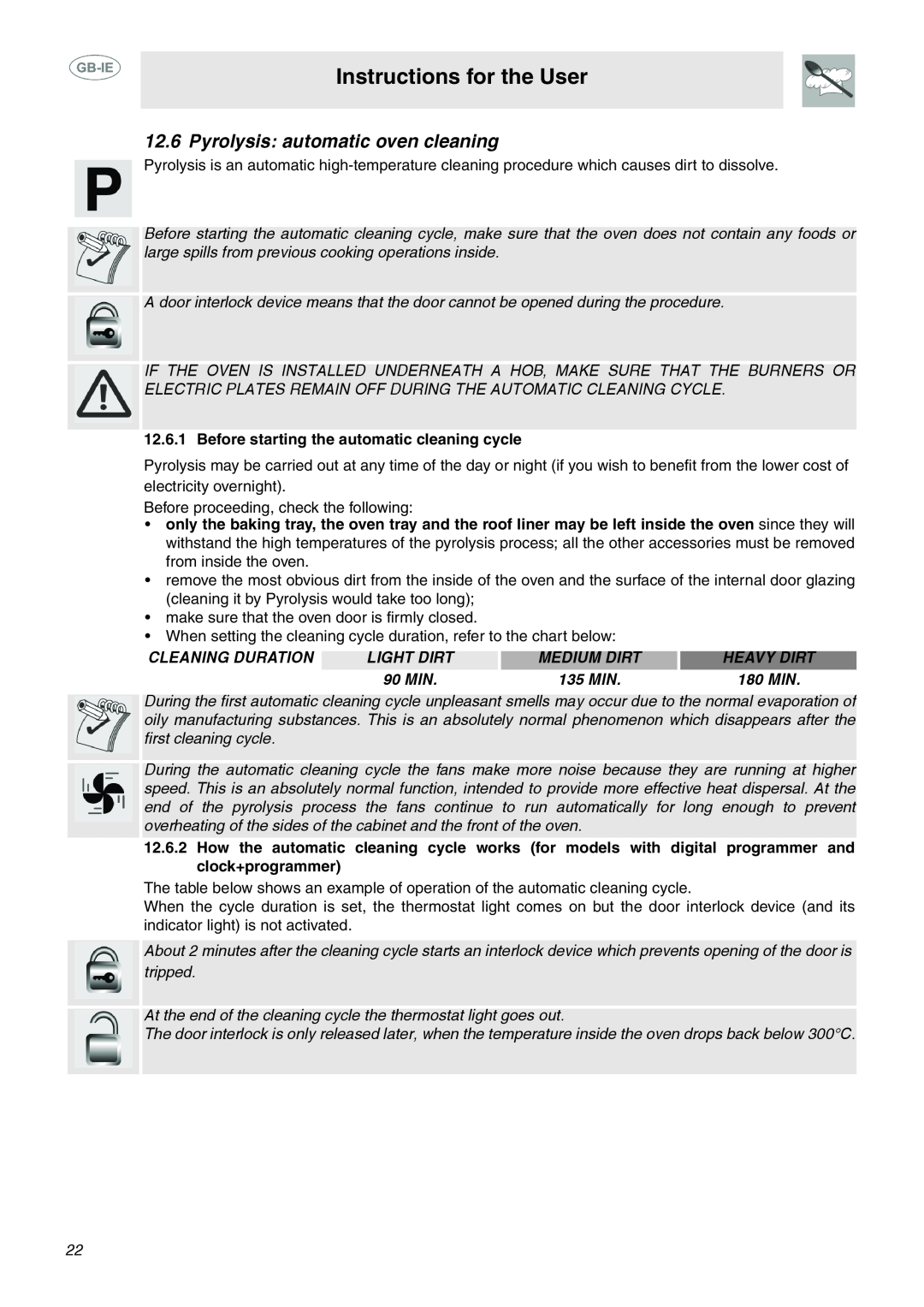 Smeg SCA130P Pyrolysis automatic oven cleaning, Instructions for the User, Before starting the automatic cleaning cycle 