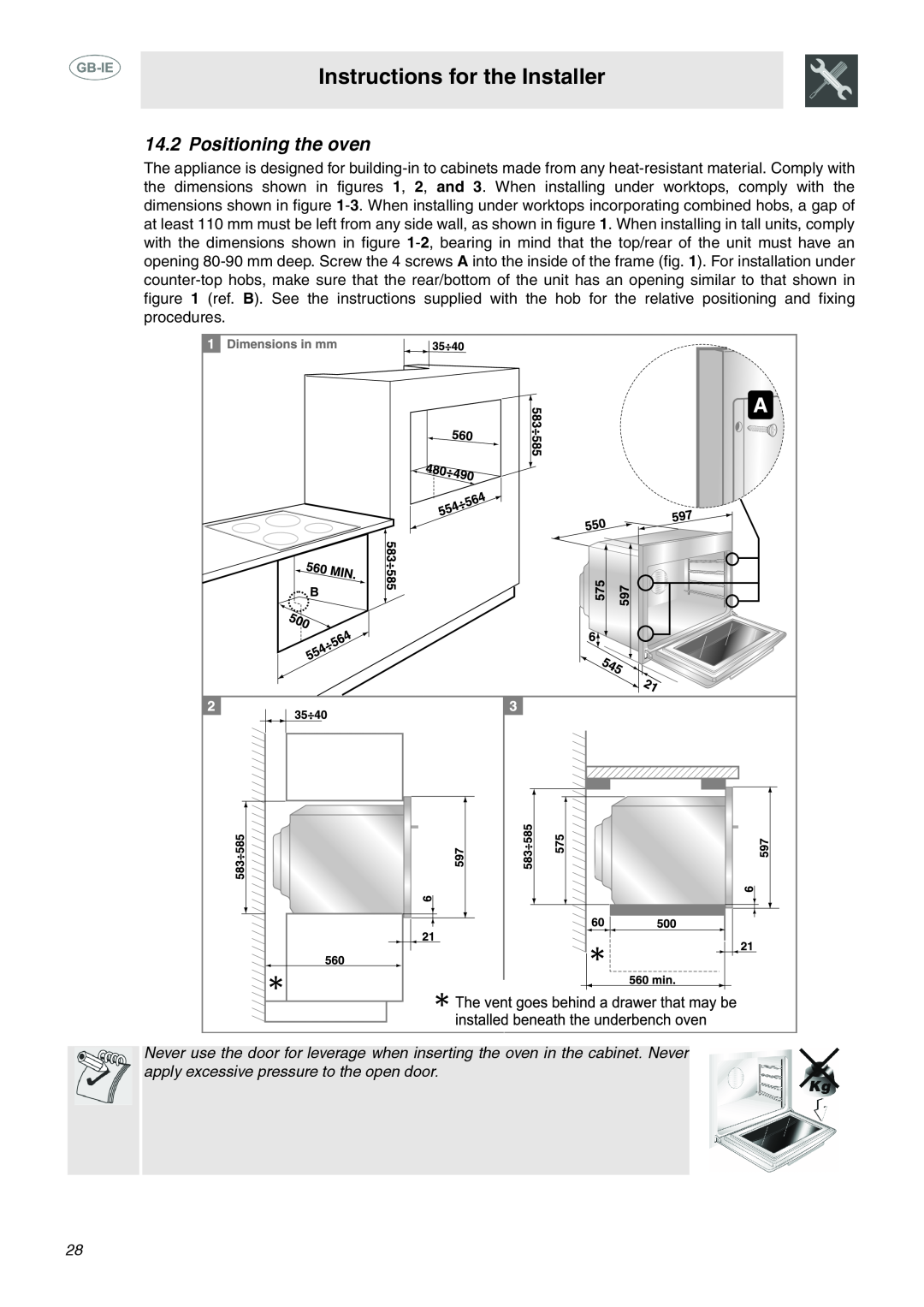 Smeg SCA130P, SCA311XP manual Instructions for the Installer, Positioning the oven 