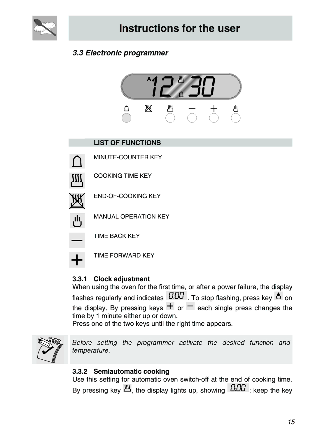 Smeg SCA310X, SCA306X, SCA301X manual Electronic programmer, Clock adjustment, Semiautomatic cooking 