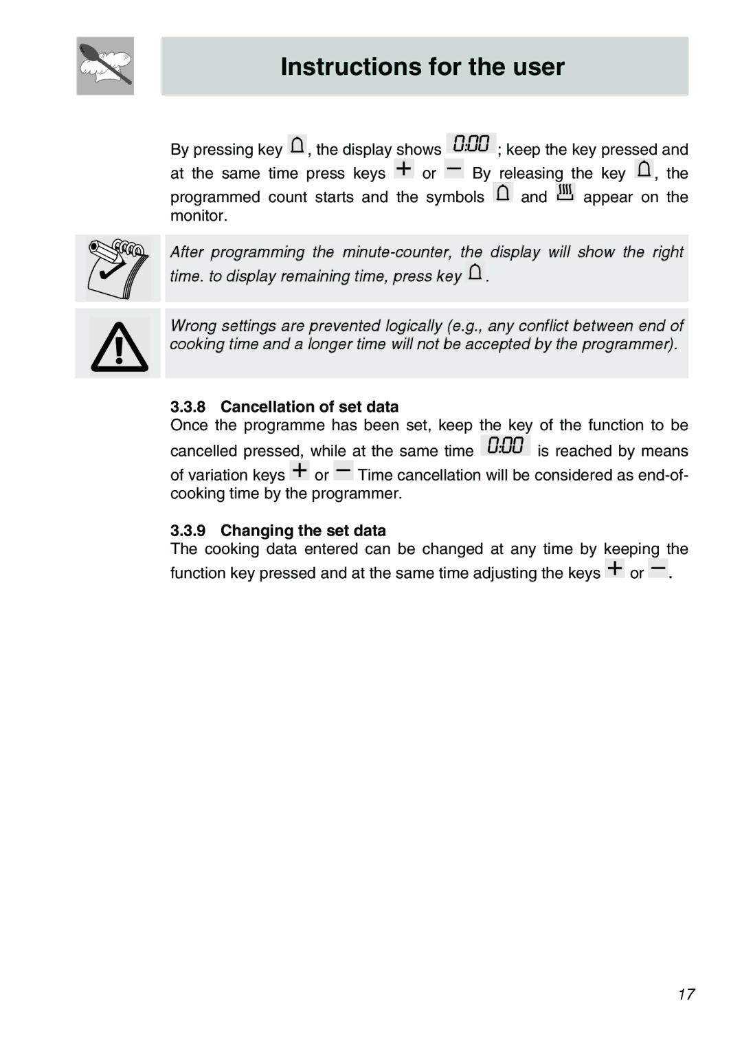 Smeg SCA306X, SCA310X, SCA301X manual Cancellation of set data, Changing the set data 