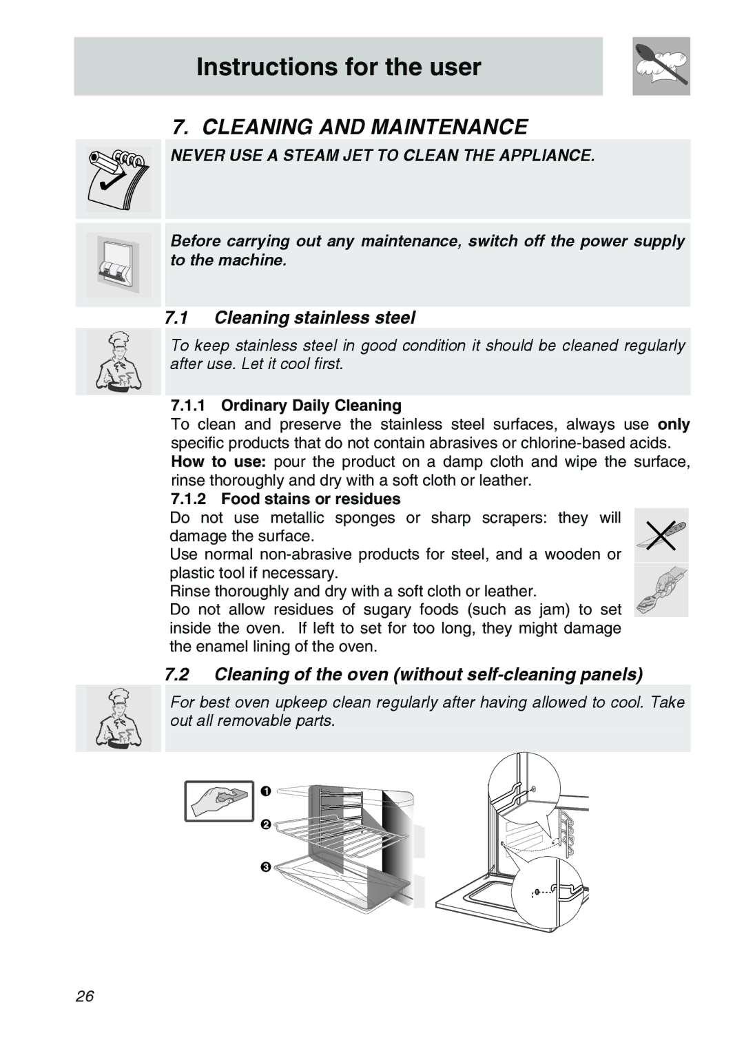 Smeg SCA306X manual Cleaning and Maintenance, Cleaning stainless steel, Cleaning of the oven without self-cleaning panels 