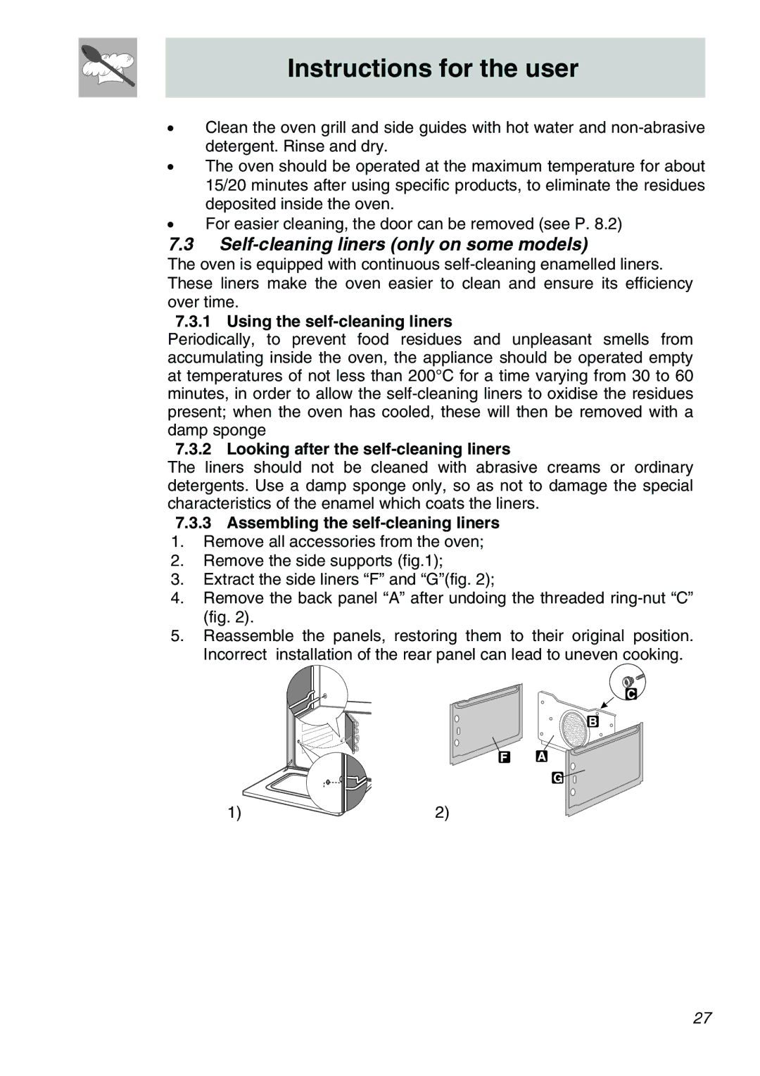 Smeg SCA310X Self-cleaning liners only on some models, Using the self-cleaning liners, Assembling the self-cleaning liners 