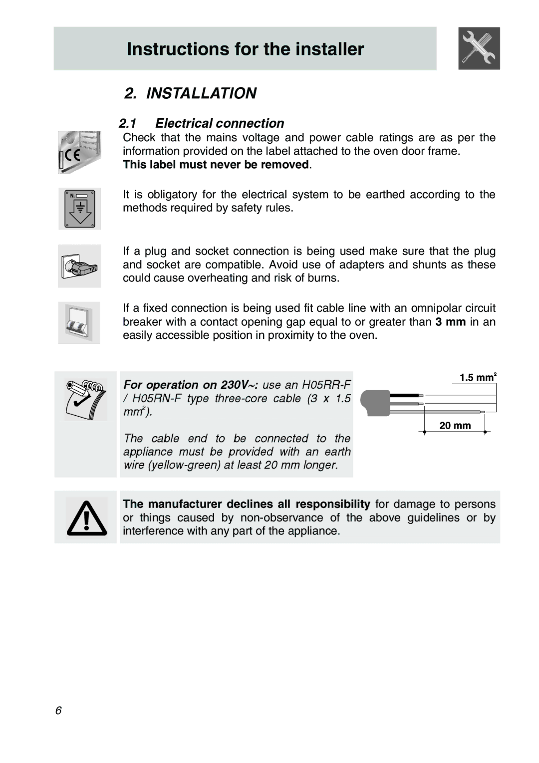 Smeg SCA310X, SCA306X, SCA301X manual Installation, Electrical connection, This label must never be removed 