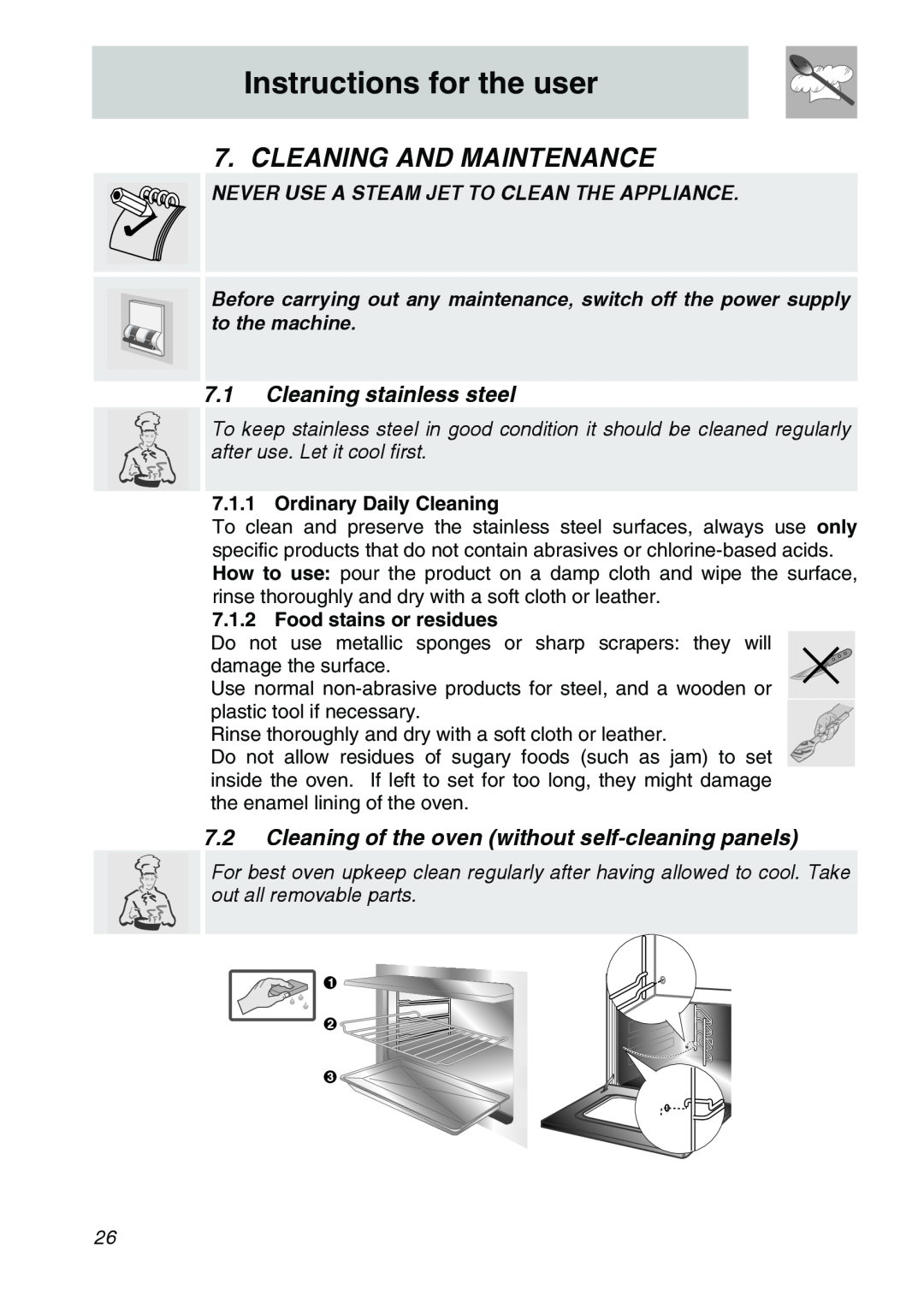 Smeg SCA306X Cleaning And Maintenance, 7.1Cleaning stainless steel, Instructions for the user, Ordinary Daily Cleaning 