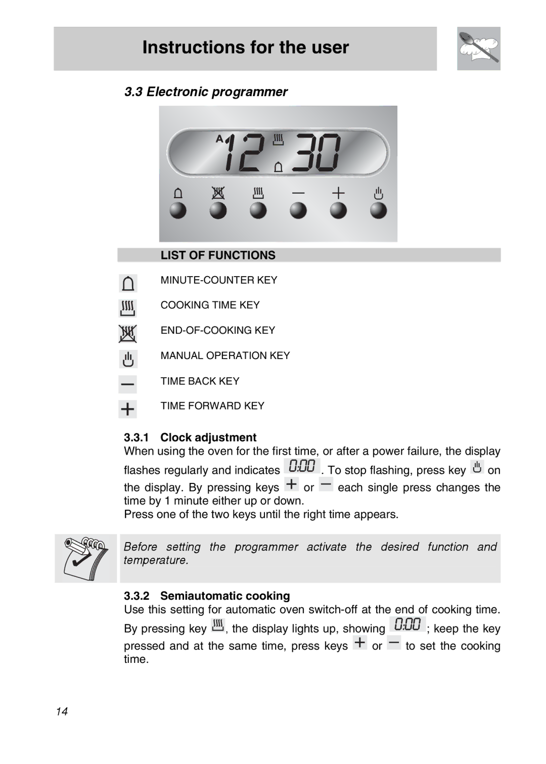 Smeg SCA710X, SCA705X, SCA708X manual Electronic programmer, Clock adjustment, Semiautomatic cooking 