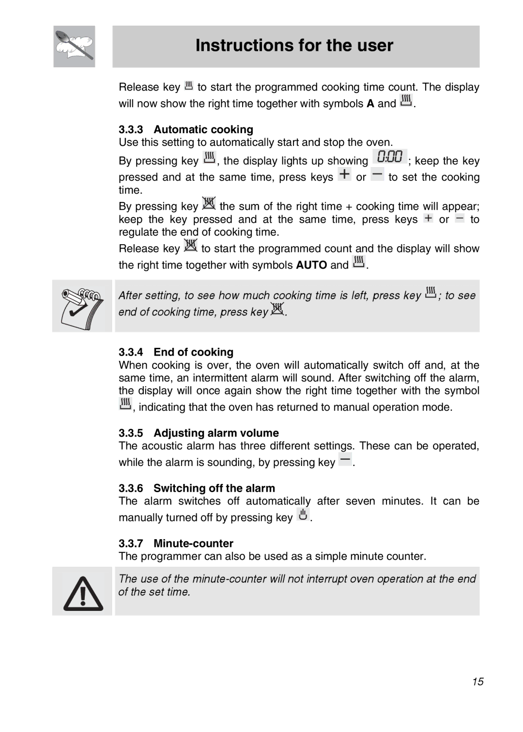 Smeg SCA705X, SCA710X Automatic cooking, End of cooking, Adjusting alarm volume, Switching off the alarm, Minute-counter 