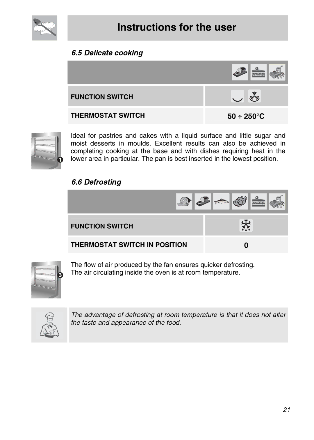 Smeg SCA705X, SCA710X, SCA708X manual Delicate cooking, Defrosting 