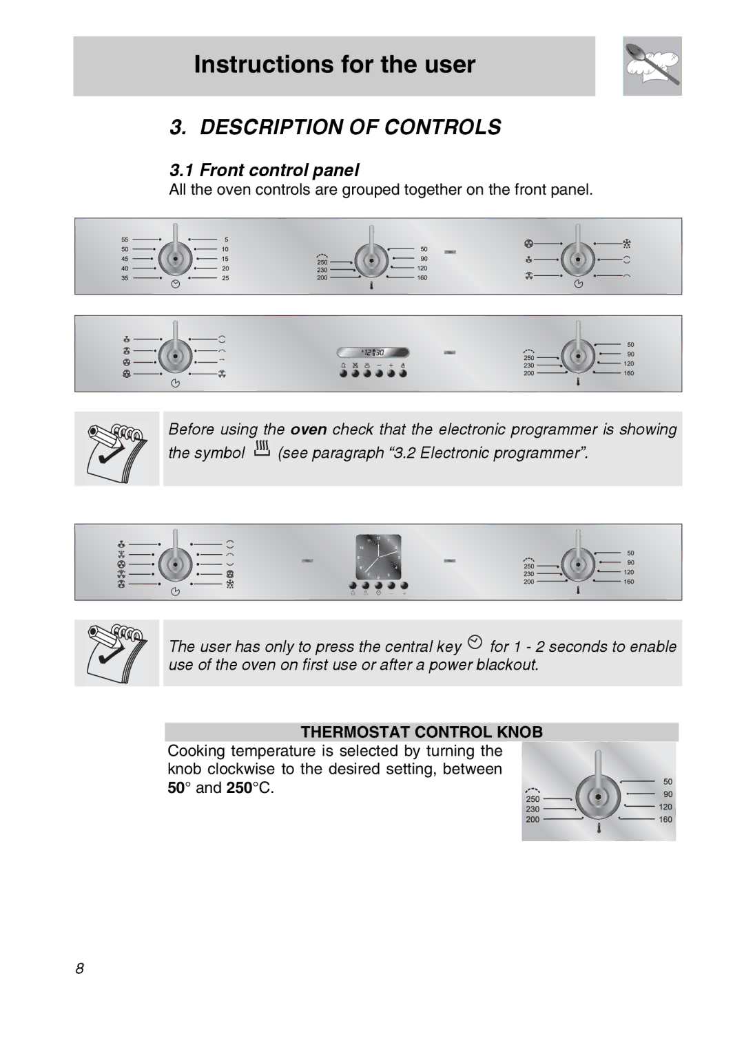 Smeg SCA710X, SCA705X, SCA708X manual Description of Controls, Front control panel 