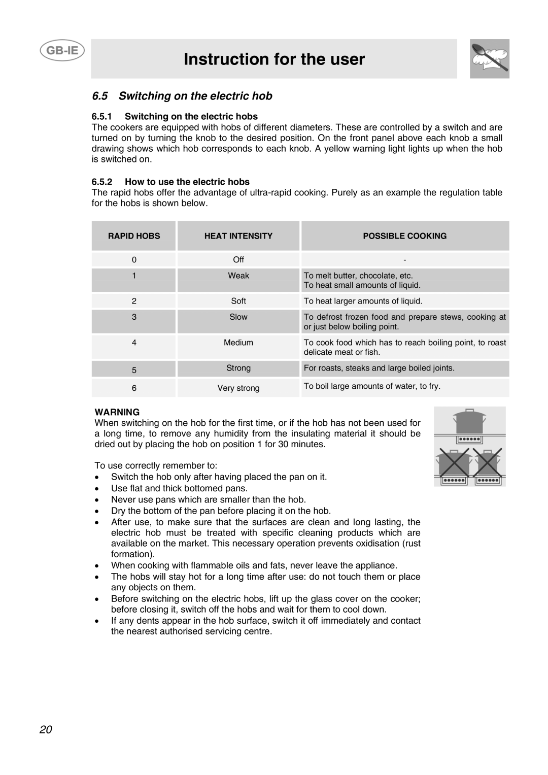 Smeg SCB60GX, SCB60MFX5, SCB60GB, SCB60MFB5 manual Switching on the electric hobs, How to use the electric hobs 