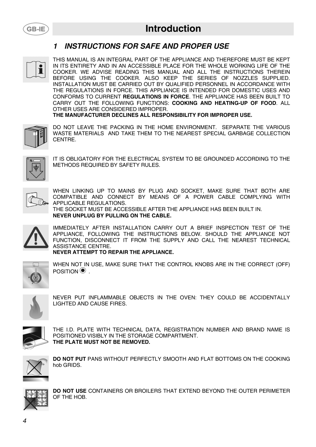 Smeg SCB60MFX5, SCB60GX, SCB60GB, SCB60MFB5 manual Introduction, Instructions for Safe and Proper USE 