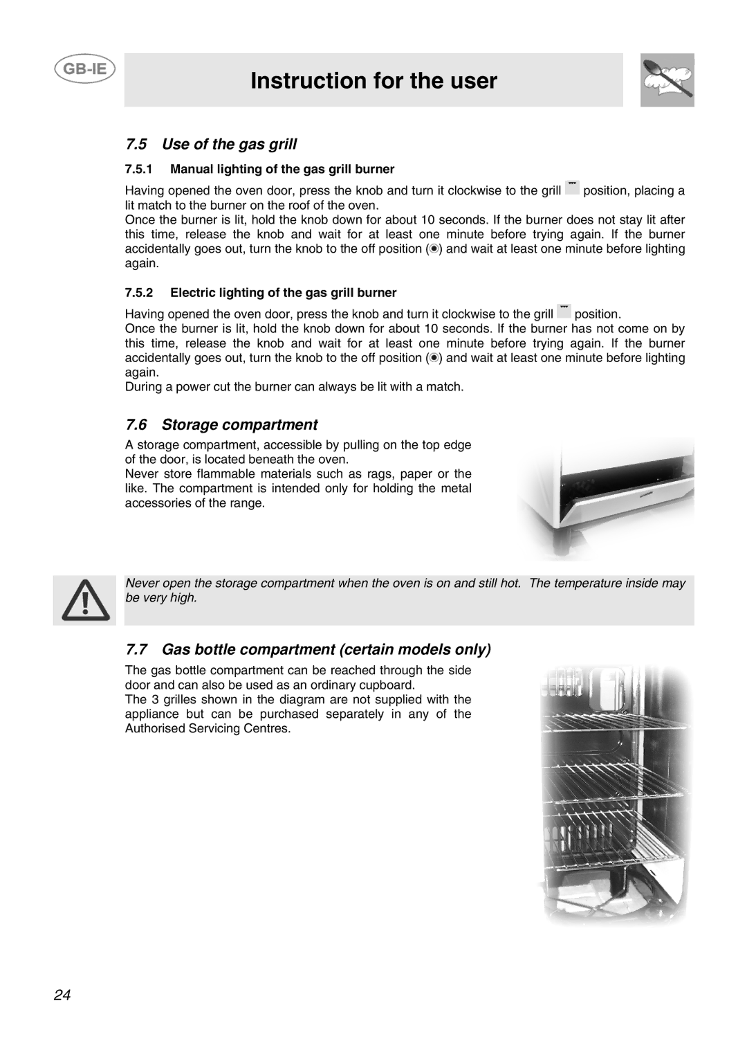 Smeg SCB60MFB5, SCB60MFX, SCB60GX Use of the gas grill, Storage compartment, Gas bottle compartment certain models only 