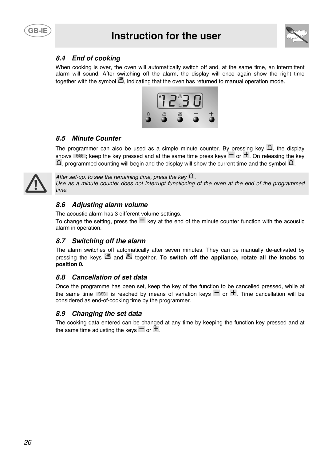 Smeg SCB60MFX End of cooking, Minute Counter, Adjusting alarm volume, Switching off the alarm, Cancellation of set data 