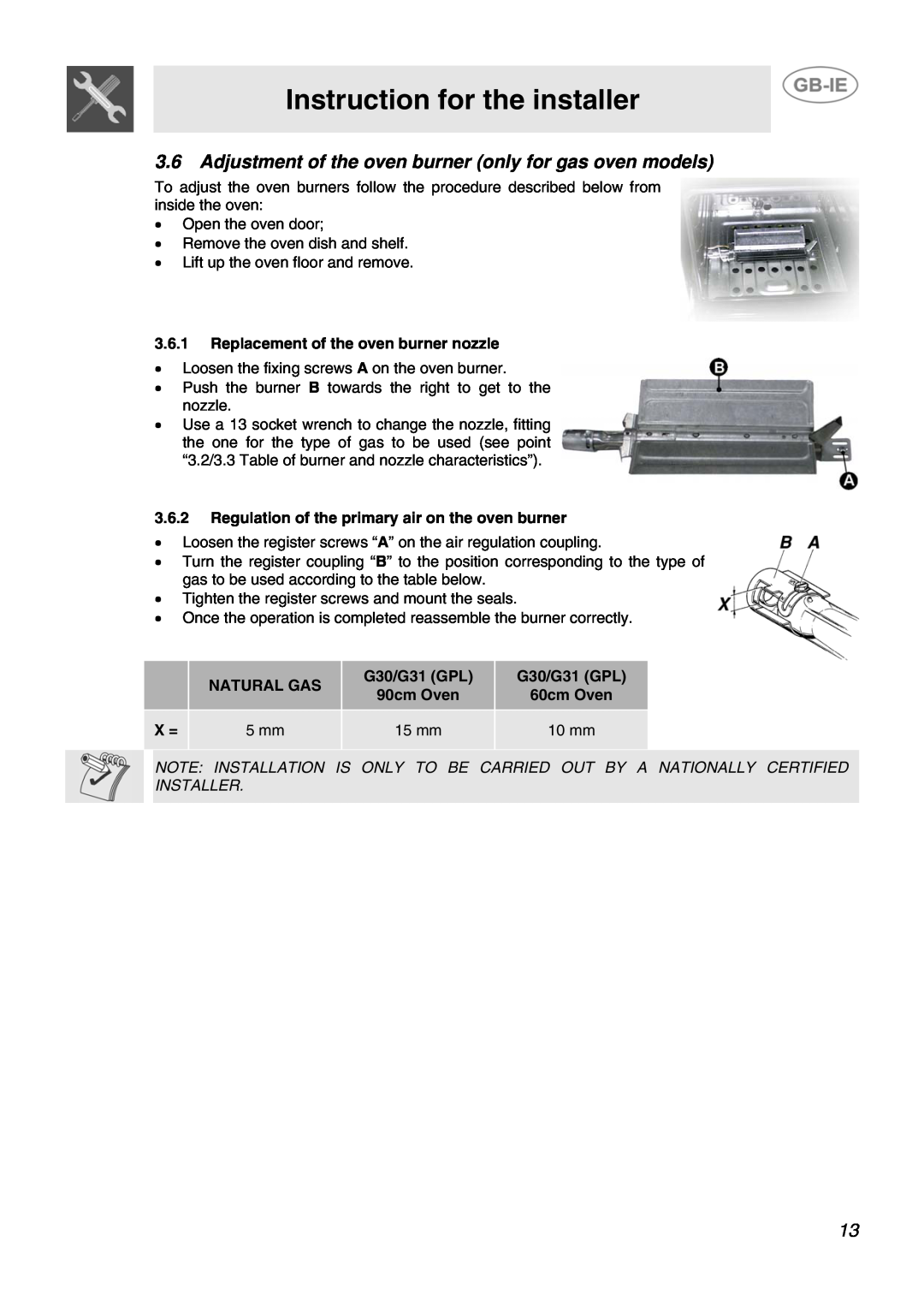Smeg SCB60MFB Adjustment of the oven burner only for gas oven models, Instruction for the installer, Natural Gas, 5 mm 