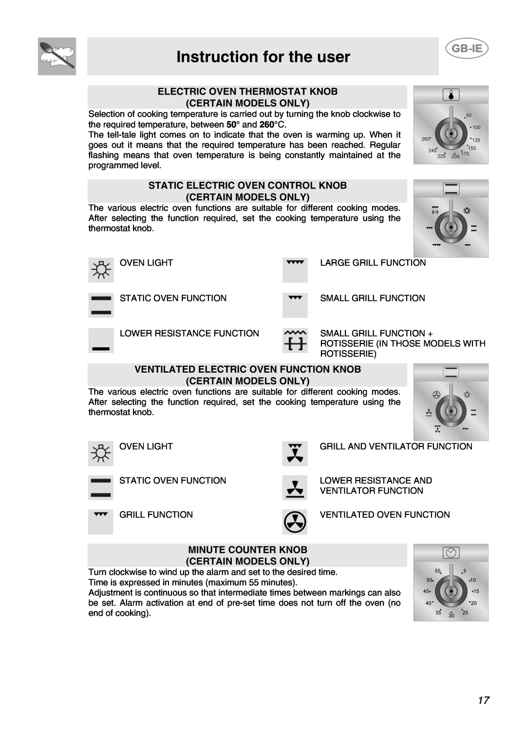Smeg SCB60GB, SCB60GX, SCB60MFX5, SCB60MFB5 Instruction for the user, Electric Oven Thermostat Knob Certain Models Only 