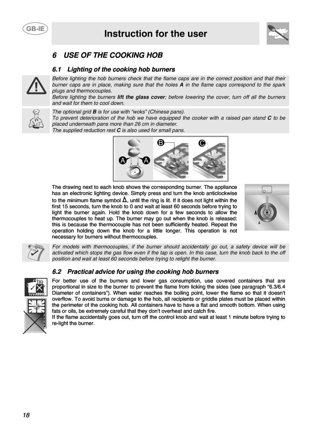 Smeg SCB60MFB5, SCB60MFX, SCB60GX Use Of The Cooking Hob, Lighting of the cooking hob burners, Instruction for the user 