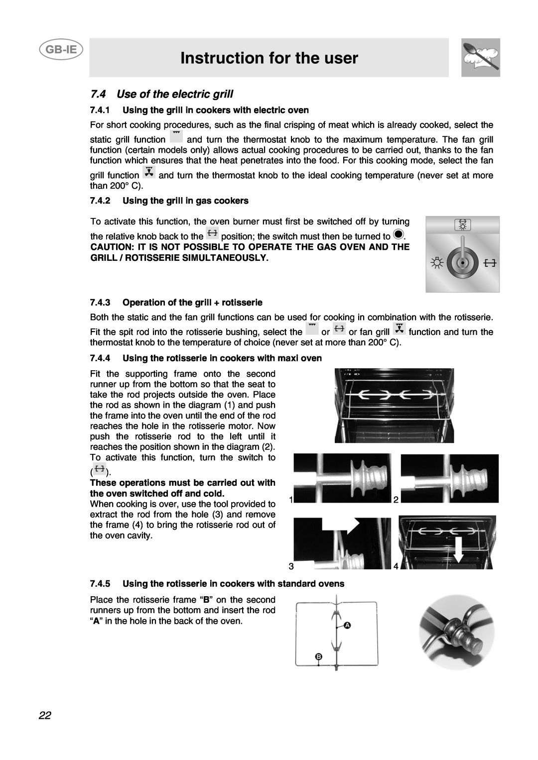 Smeg SCB60MFX5, SCB60GX Use of the electric grill, Instruction for the user, Using the grill in cookers with electric oven 