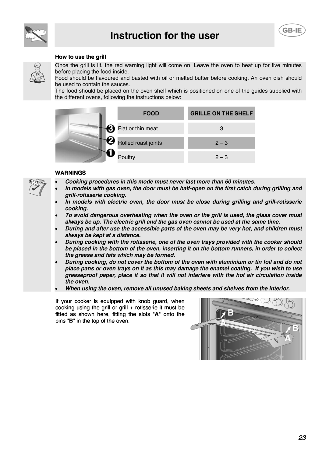 Smeg SCB60GB, SCB60MFX, SCB60GX manual Instruction for the user, How to use the grill, Food, Grille On The Shelf, Warnings 