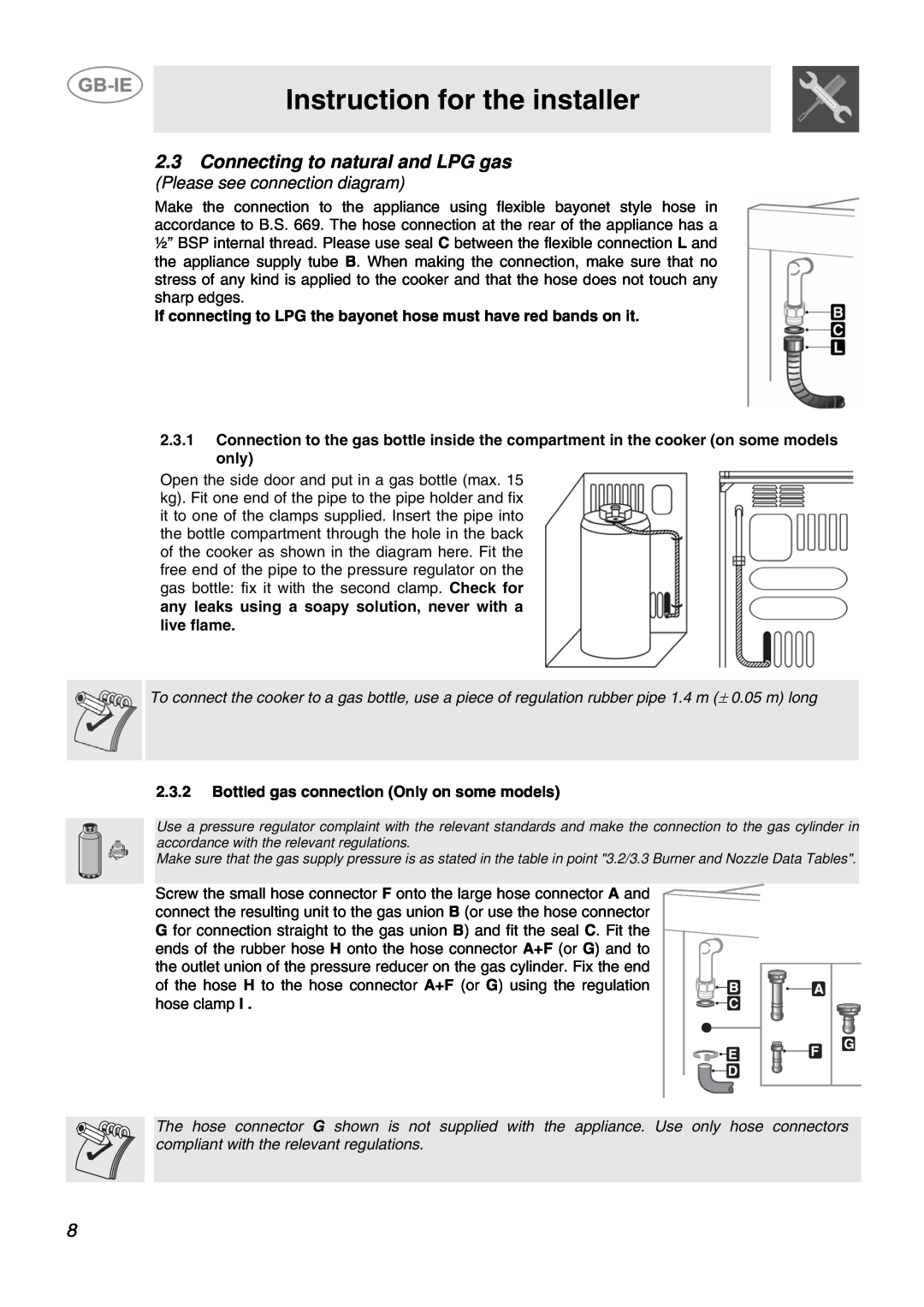 Smeg SCB60MFX, SCB60GX Connecting to natural and LPG gas, Instruction for the installer, Please see connection diagram 
