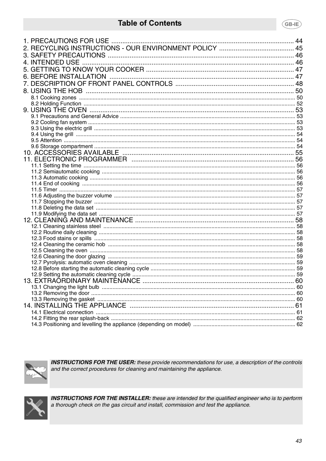 Smeg SCB64MPX6, SCB64MPX5 manual Table of Contents 