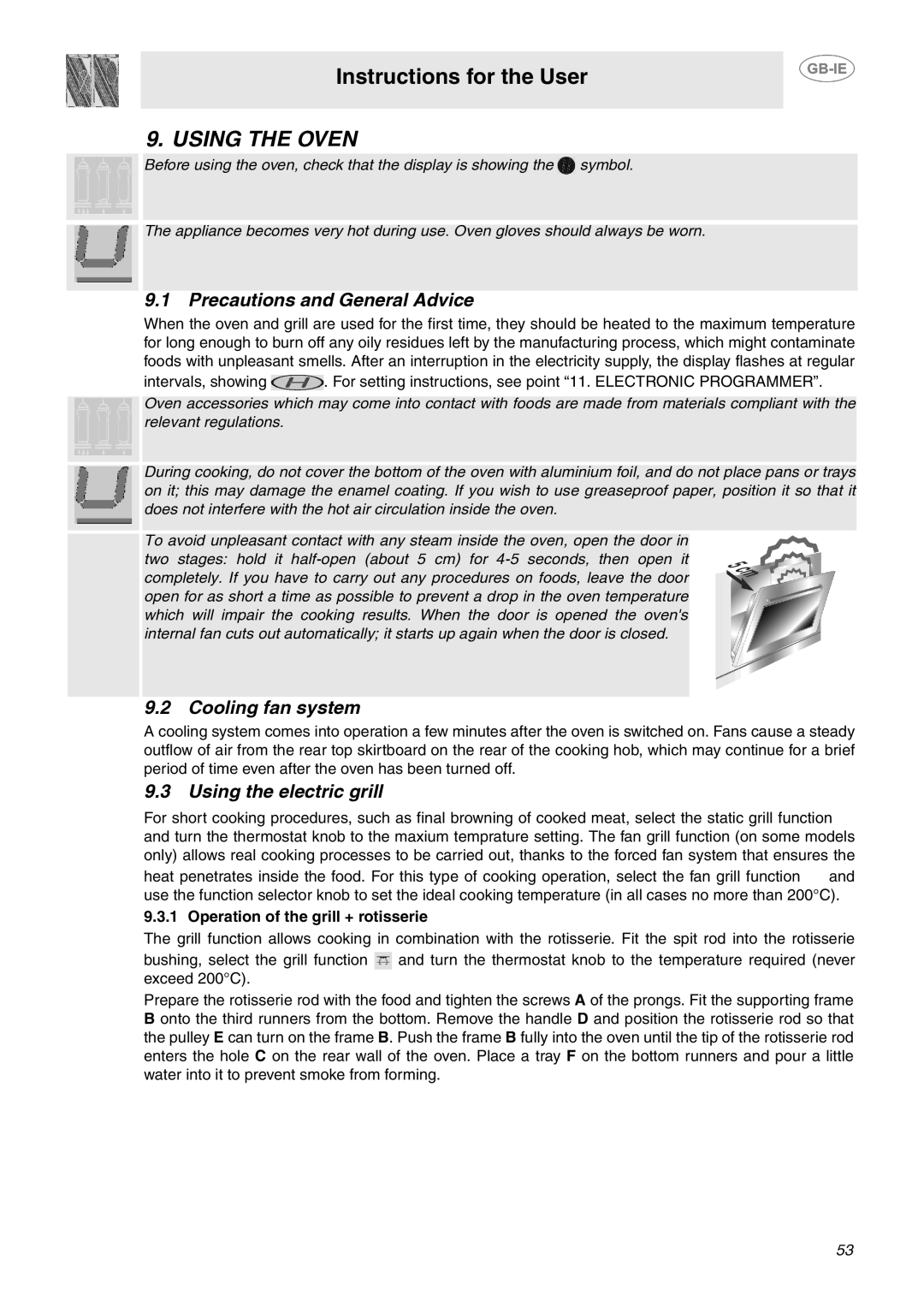 Smeg SCB64MPX6, SCB64MPX5 Using the Oven, Precautions and General Advice, Cooling fan system, Using the electric grill 