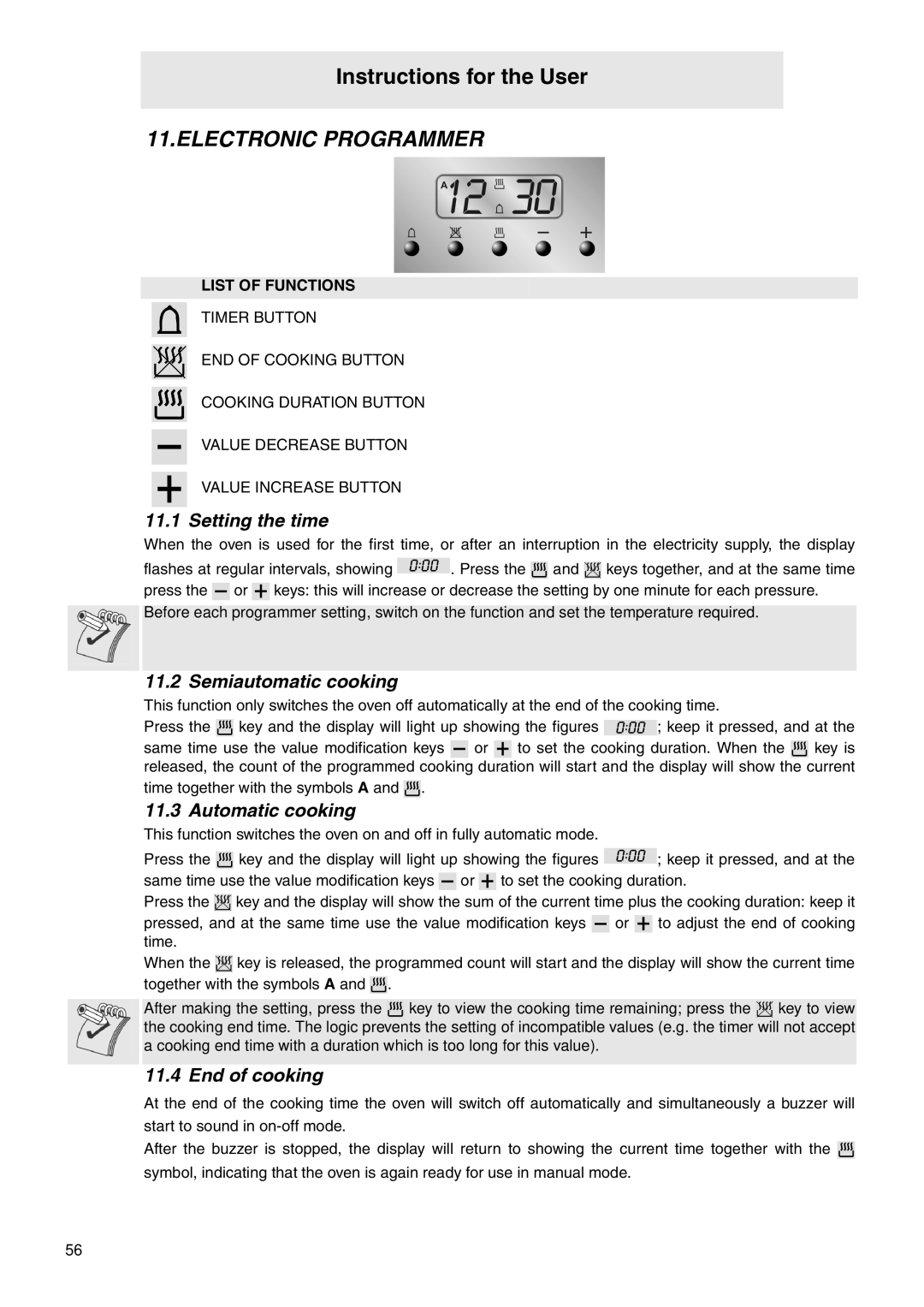 Smeg SCB64MPX5 manual Electronic Programmer, Setting the time, Semiautomatic cooking, Automatic cooking, End of cooking 