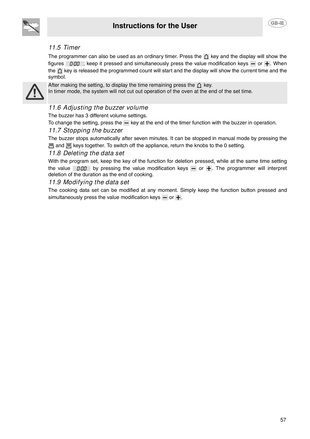 Smeg SCB64MPX6 Timer, Adjusting the buzzer volume, Stopping the buzzer, Deleting the data set, Modifying the data set 