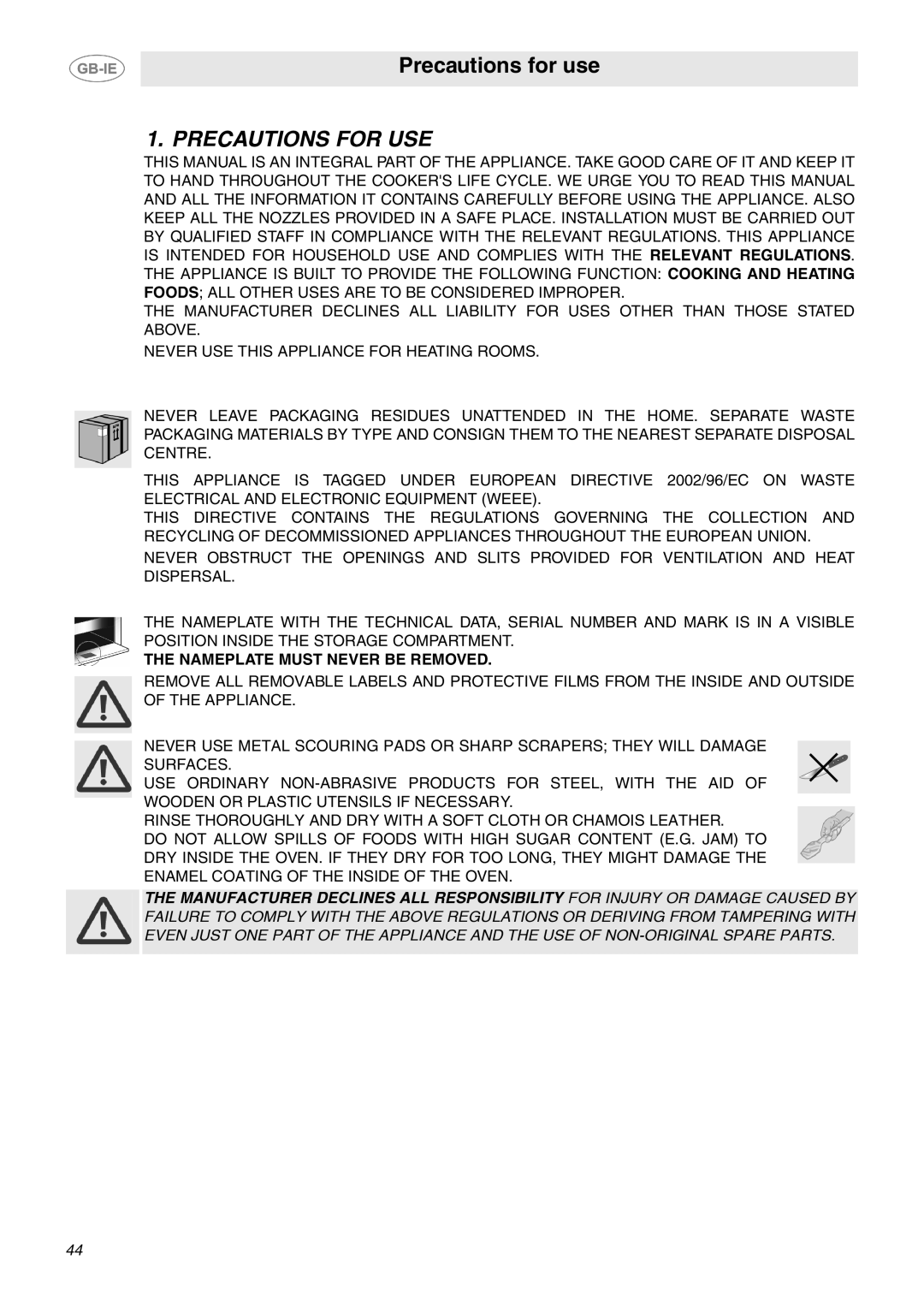 Smeg SCB64MPX5, SCB64MPX6 manual Precautions for USE, Nameplate Must Never be Removed 