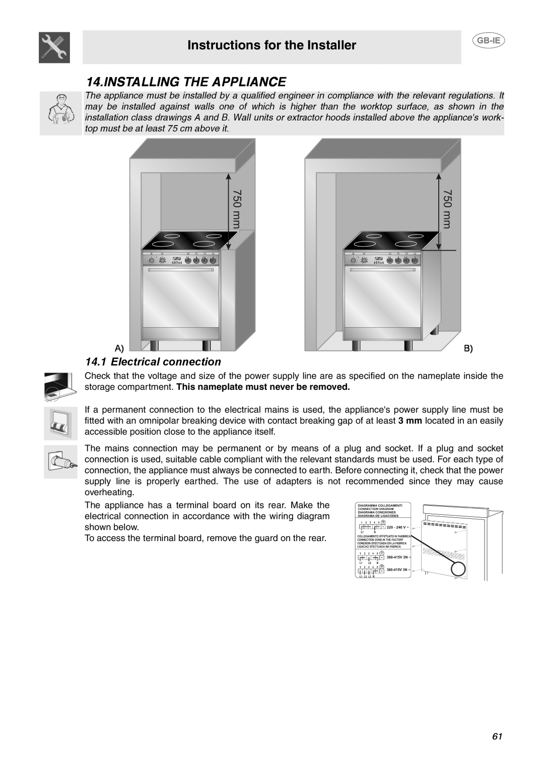 Smeg SCB64MPX6, SCB64MPX5 manual Instructions for the Installer, Installing The Appliance, Electrical connection 