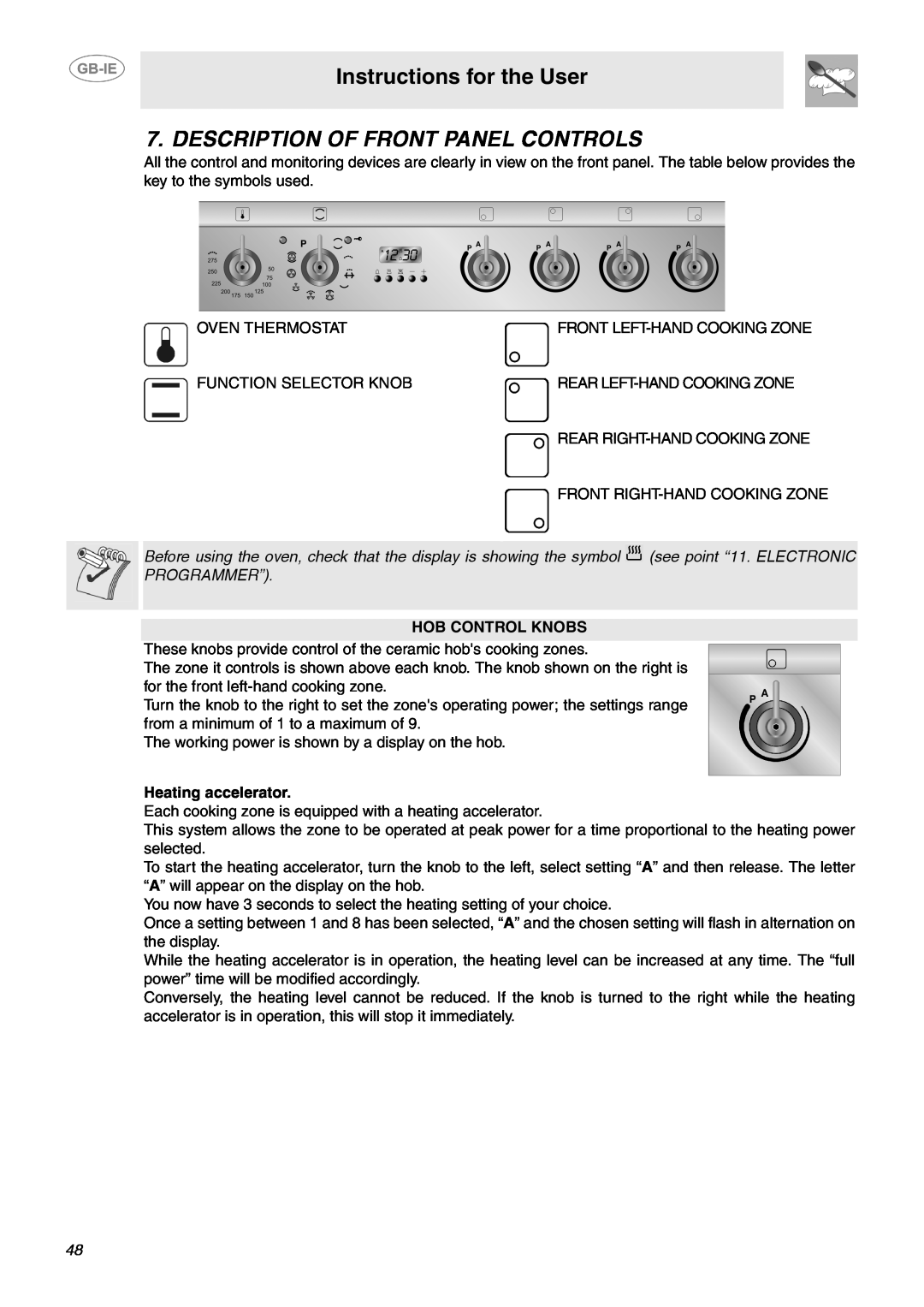 Smeg SCB64MPX5 Description Of Front Panel Controls, Instructions for the User, Hob Control Knobs, Heating accelerator 