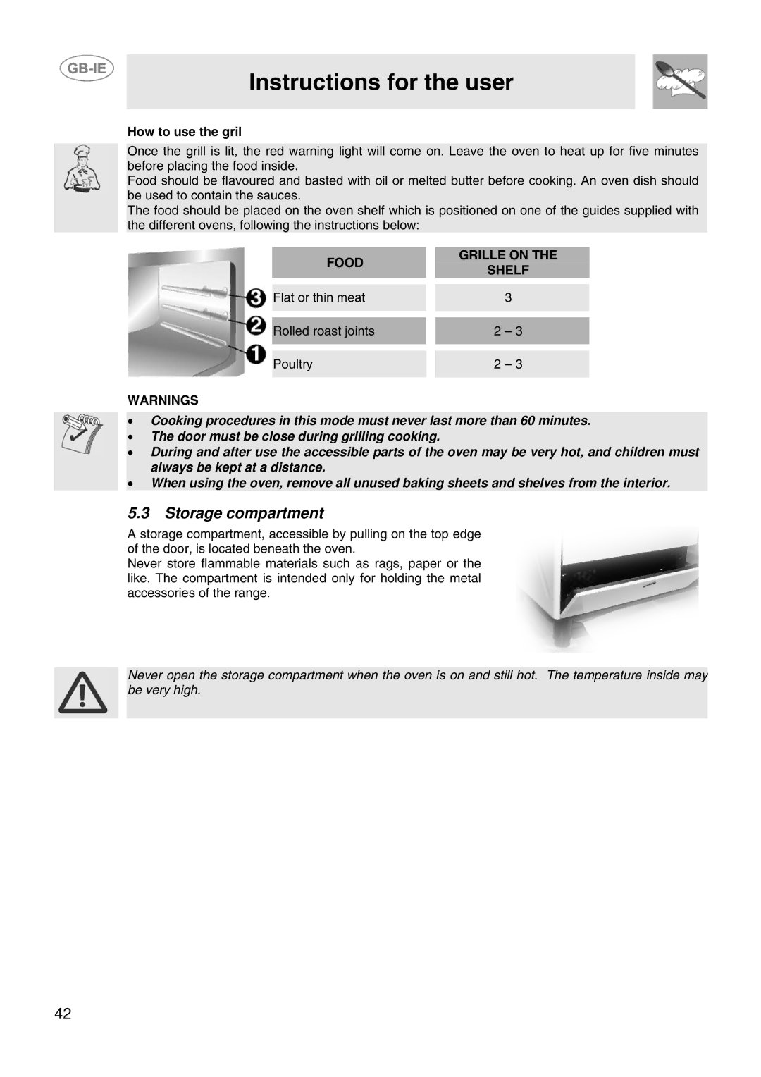 Smeg SCB66MFB5, SCB66MFX5 manual Storage compartment, How to use the gril, Food Grille on Shelf 