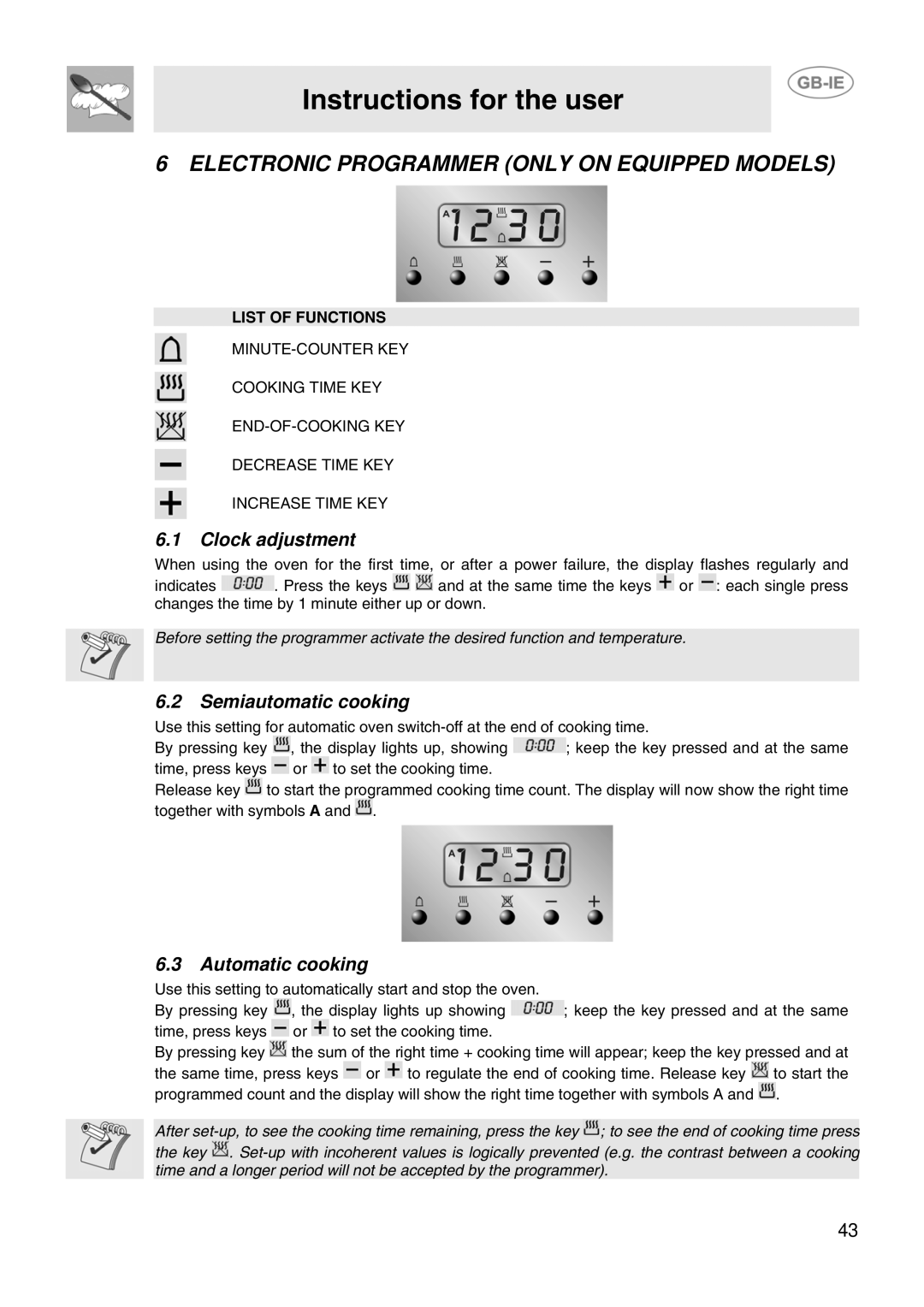 Smeg SCB66MFX Electronic Programmer only on Equipped Models, Clock adjustment, Semiautomatic cooking, Automatic cooking 