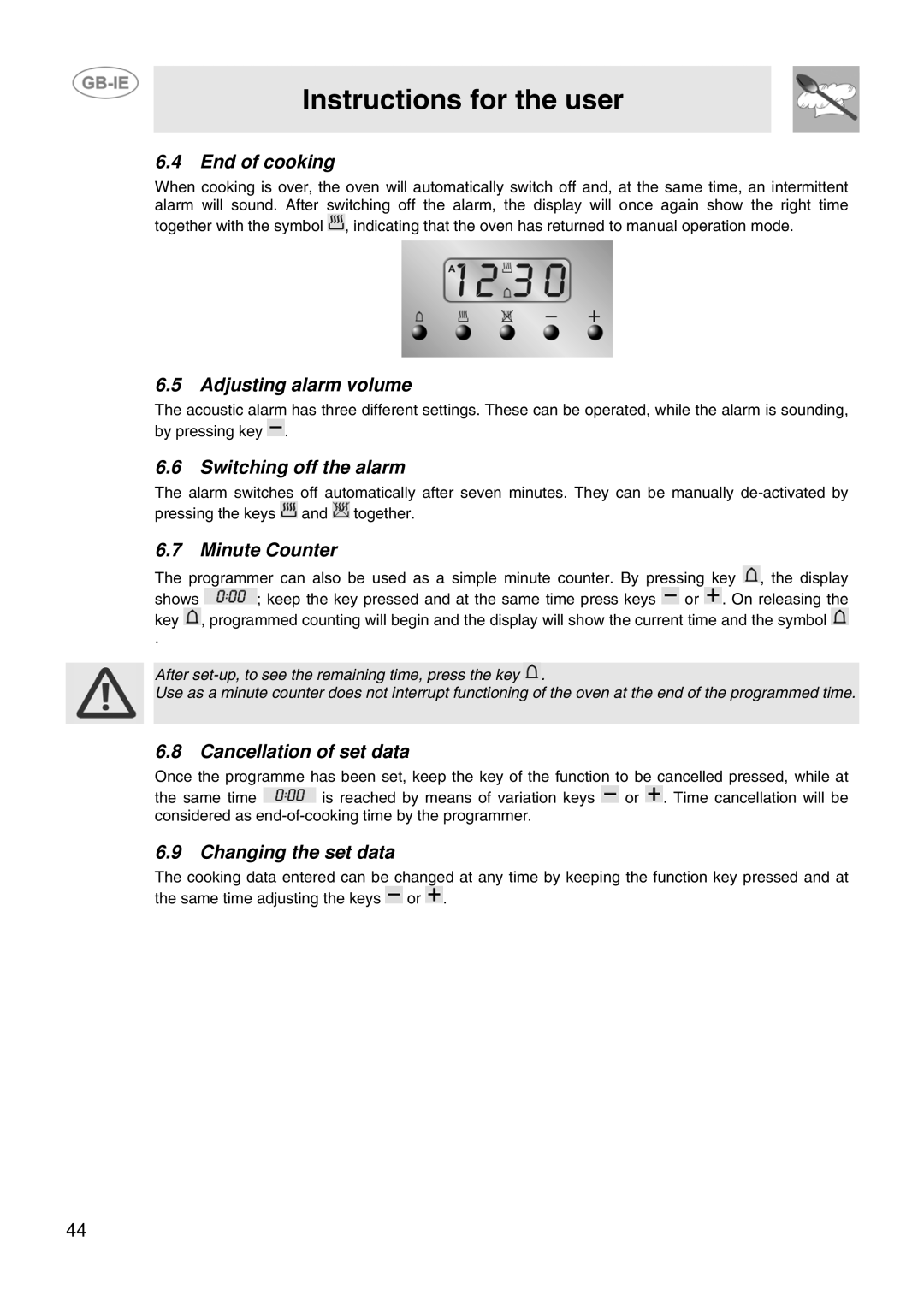 Smeg SCB66MFB End of cooking, Adjusting alarm volume, Switching off the alarm, Minute Counter, Cancellation of set data 