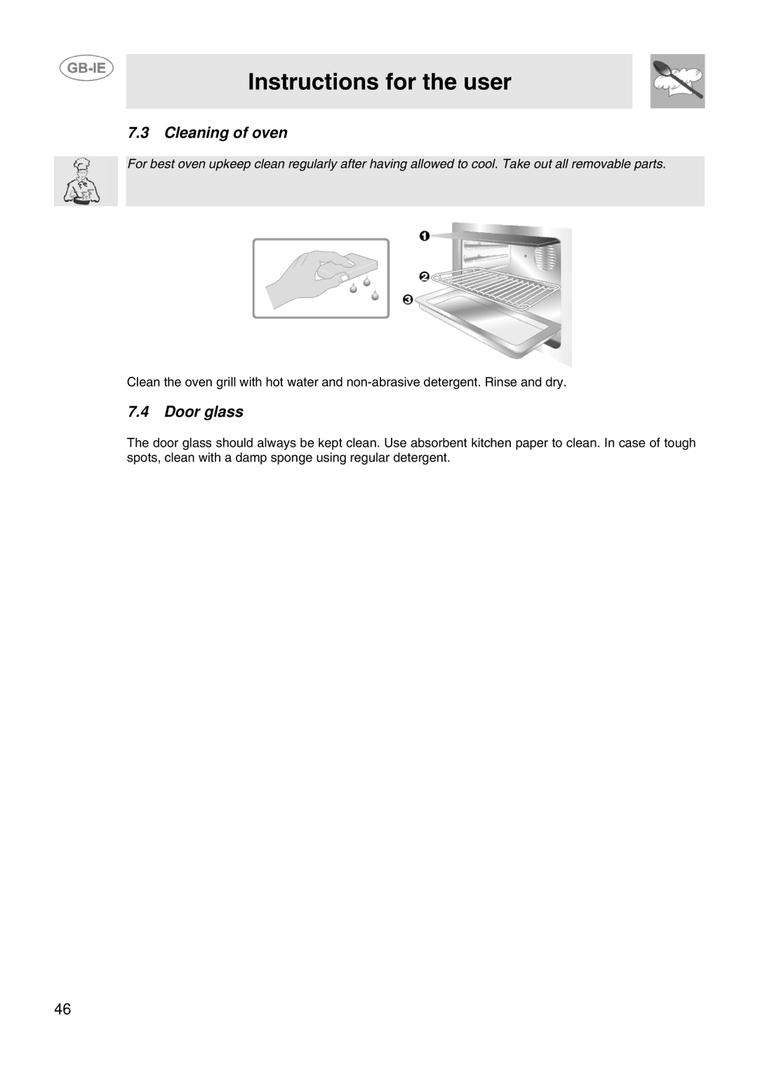 Smeg SCB66MFB5, SCB66MFX5 manual Cleaning of oven, Door glass 
