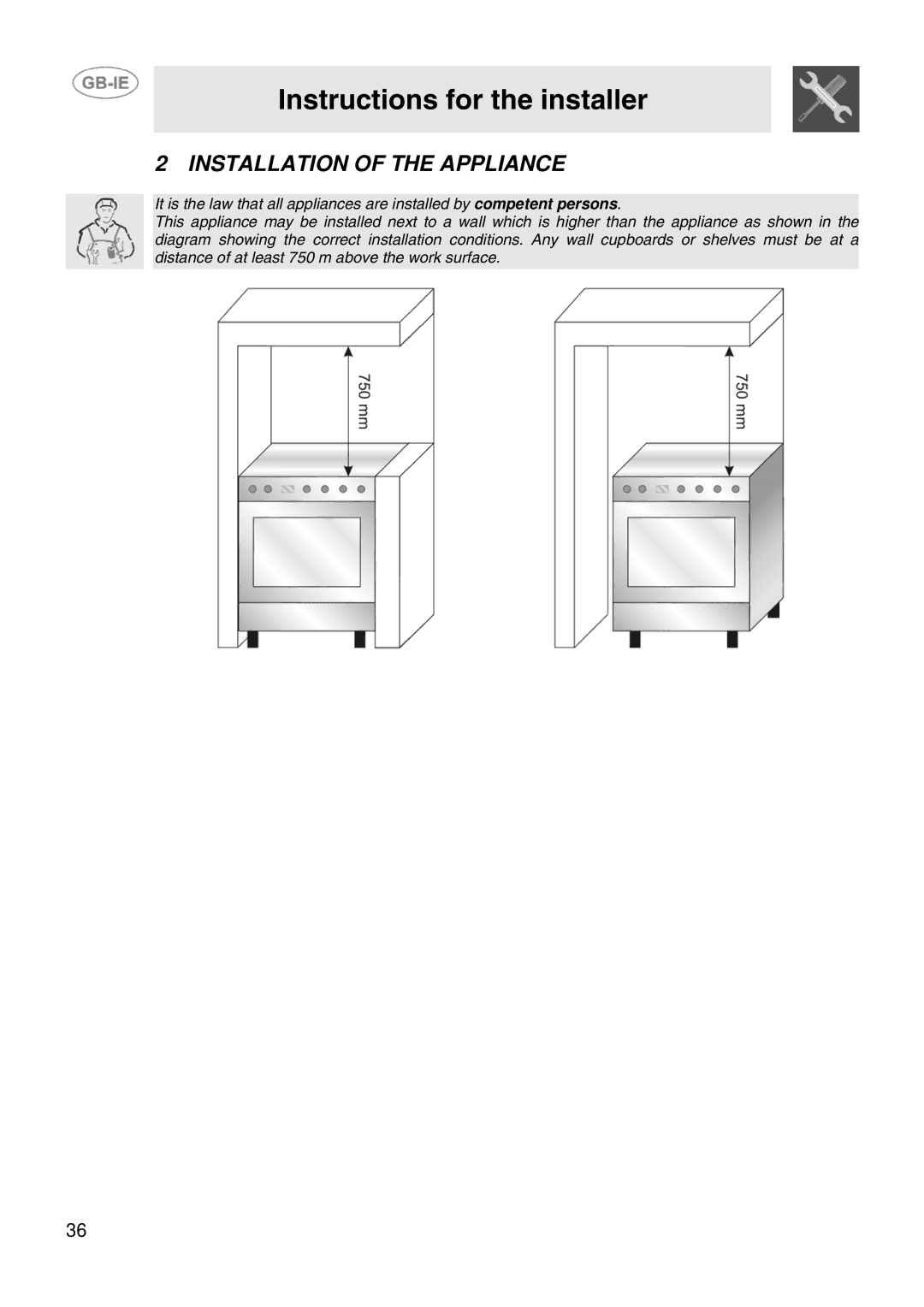 Smeg SCB66MFX5, SCB66MFB5 manual Instructions for the installer, Installation of the Appliance 