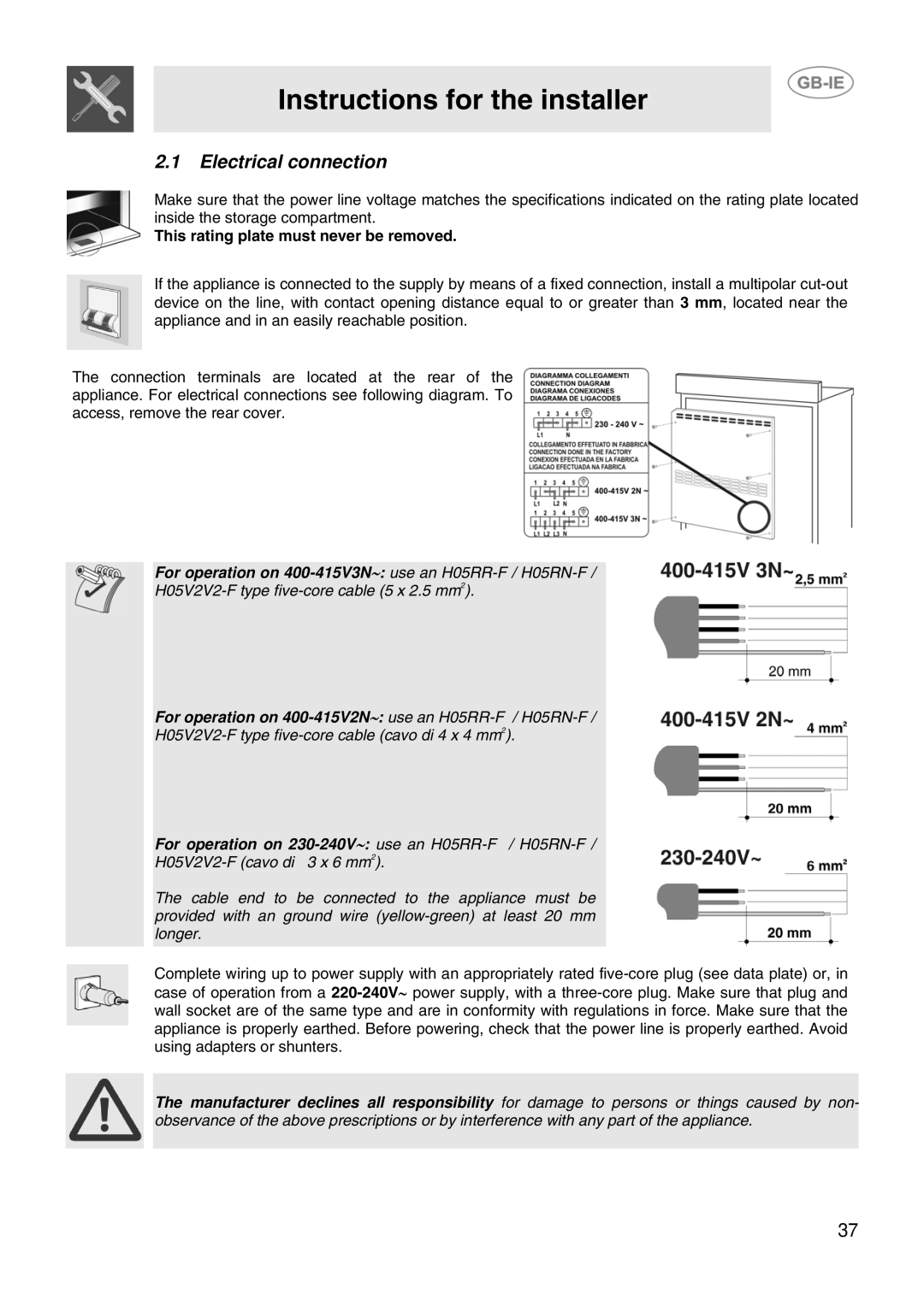 Smeg SCB66MFX5, SCB66MFB5 manual Electrical connection, This rating plate must never be removed 