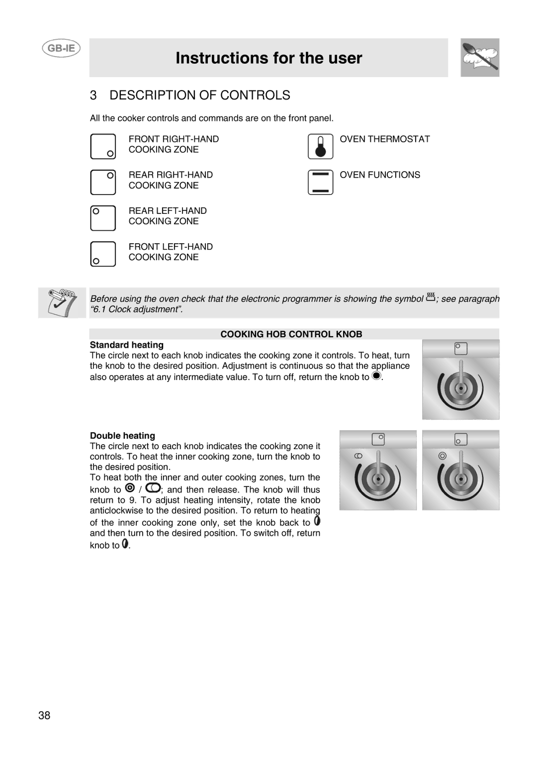 Smeg SCB66MFB5, SCB66MFX5 Instructions for the user, Description of Controls, Cooking HOB Control Knob, Standard heating 