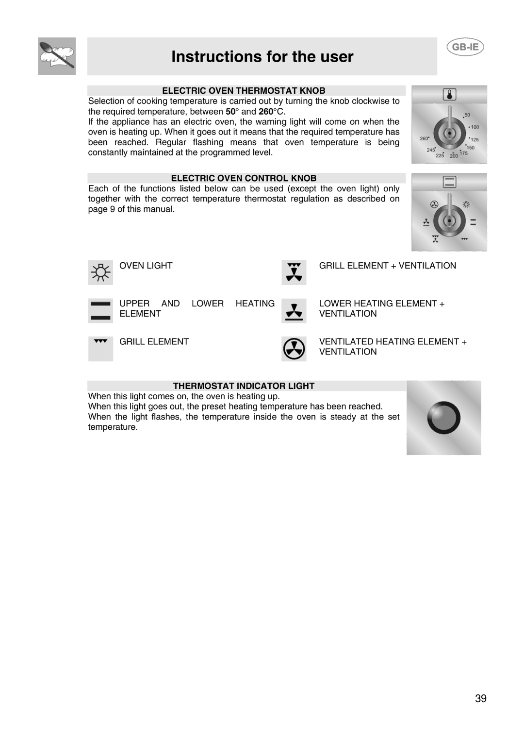 Smeg SCB66MFB, SCB66MFX5 manual Electric Oven Thermostat Knob, Electric Oven Control Knob, Thermostat Indicator Light 