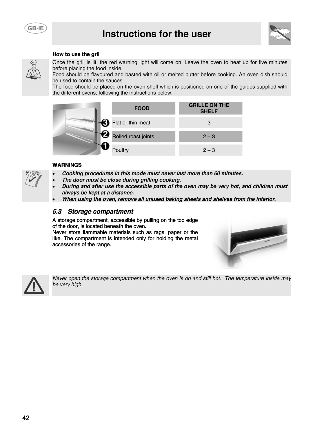 Smeg SCB66MFB5 Storage compartment, Instructions for the user, How to use the gril, Food, Grille On The, Shelf, Warnings 