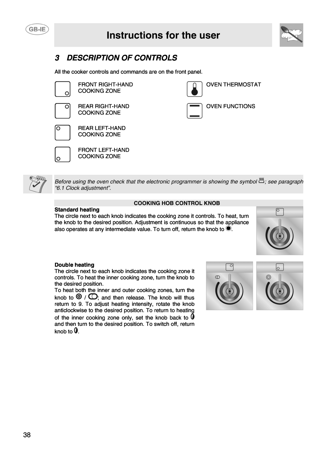 Smeg SCB66MFB5, SCB66MFX5 Instructions for the user, Description Of Controls, COOKING HOB CONTROL KNOB Standard heating 