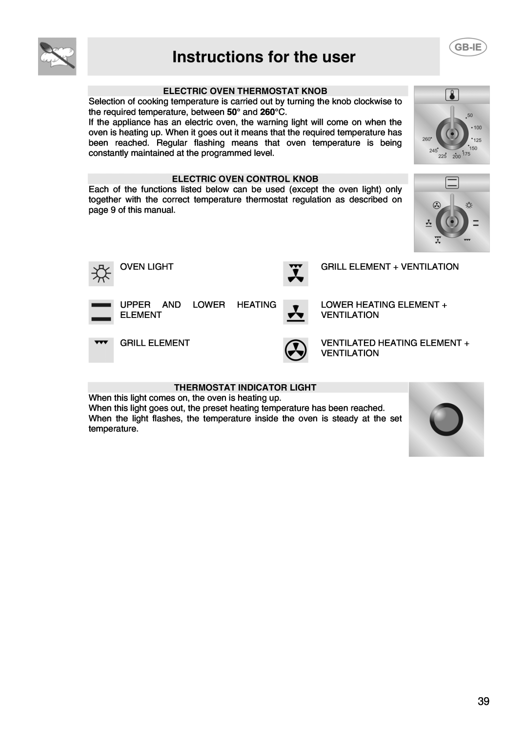 Smeg SCB66MFX5, SCB66MFB5 manual Instructions for the user, Electric Oven Thermostat Knob, Electric Oven Control Knob 