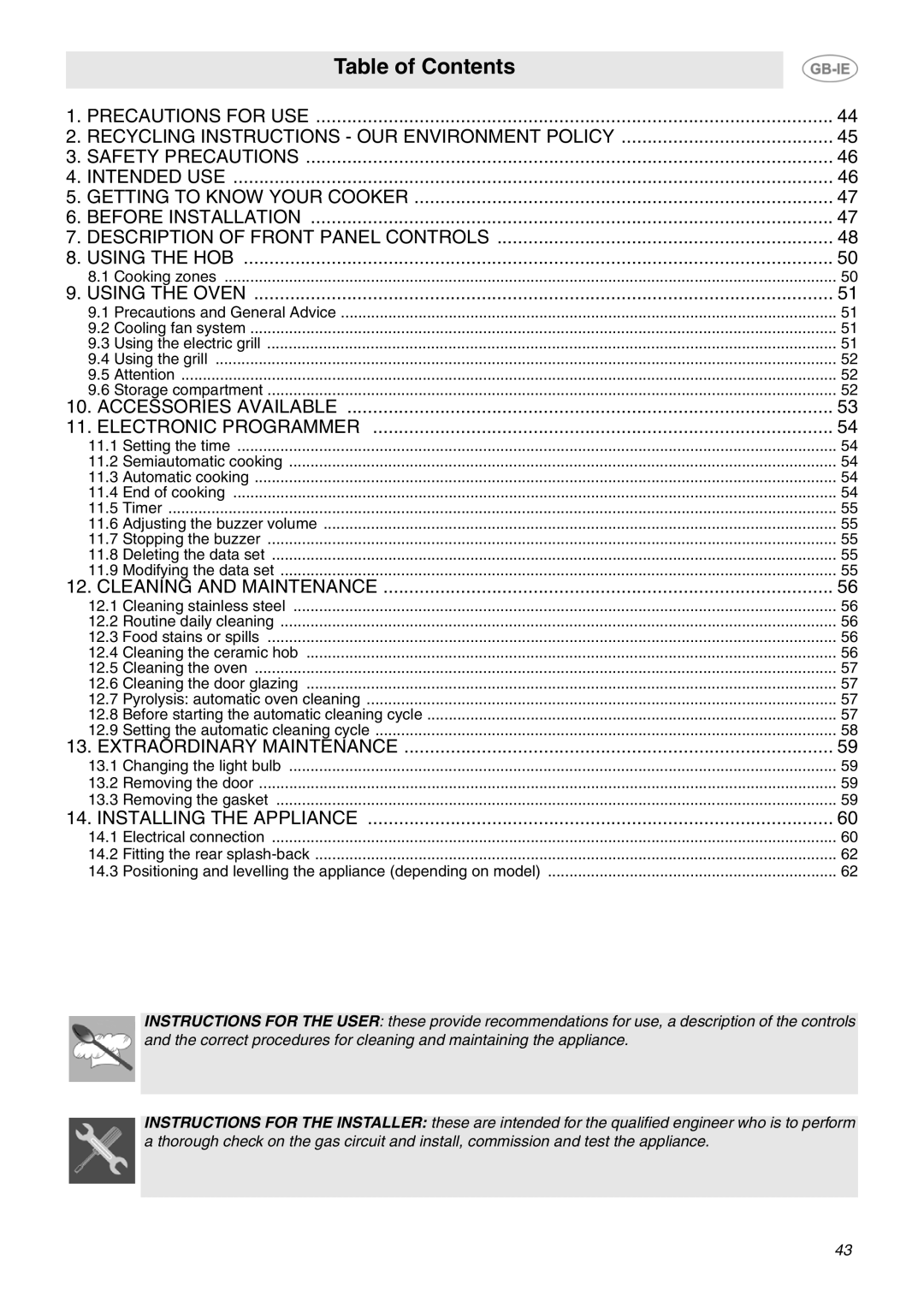 Smeg SCB66MPX5 manual Table of Contents 