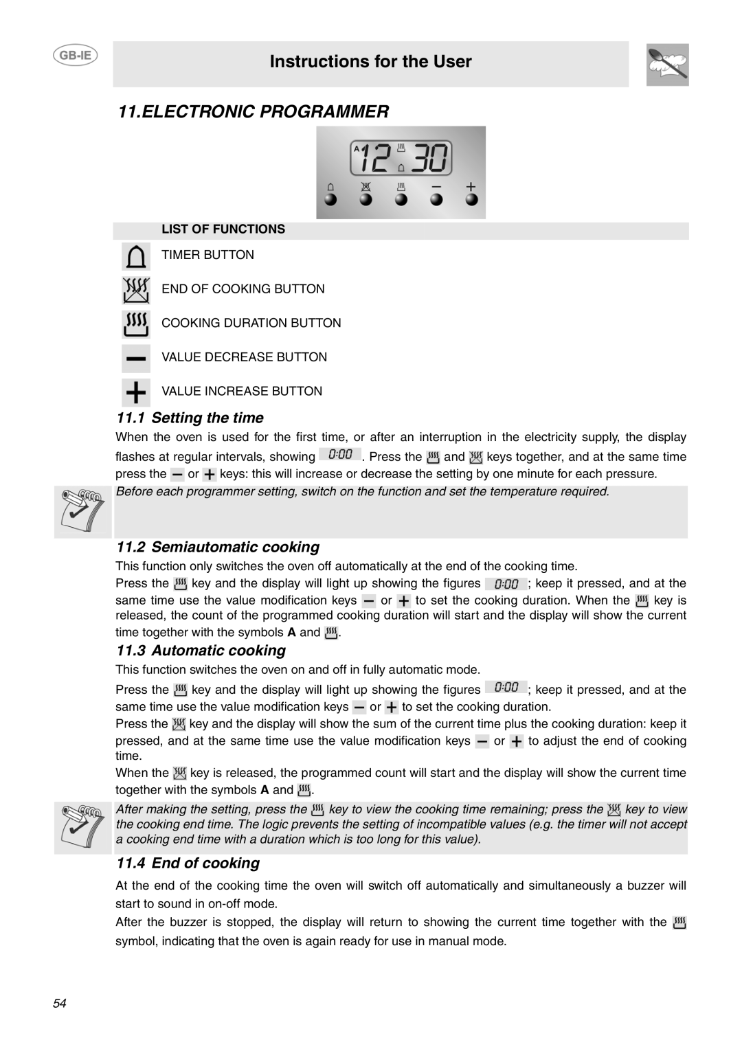 Smeg SCB66MPX5 manual Electronic Programmer, Setting the time, Semiautomatic cooking, Automatic cooking, End of cooking 