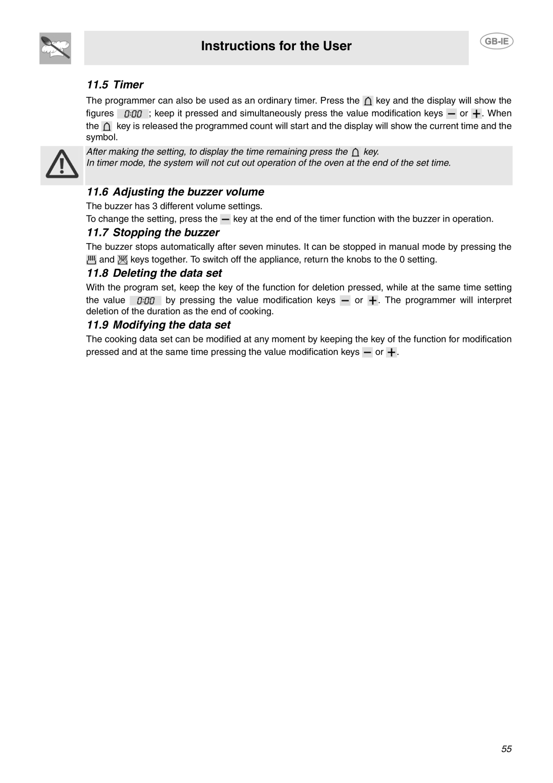 Smeg SCB66MPX5 Timer, Adjusting the buzzer volume, Stopping the buzzer, Deleting the data set, Modifying the data set 