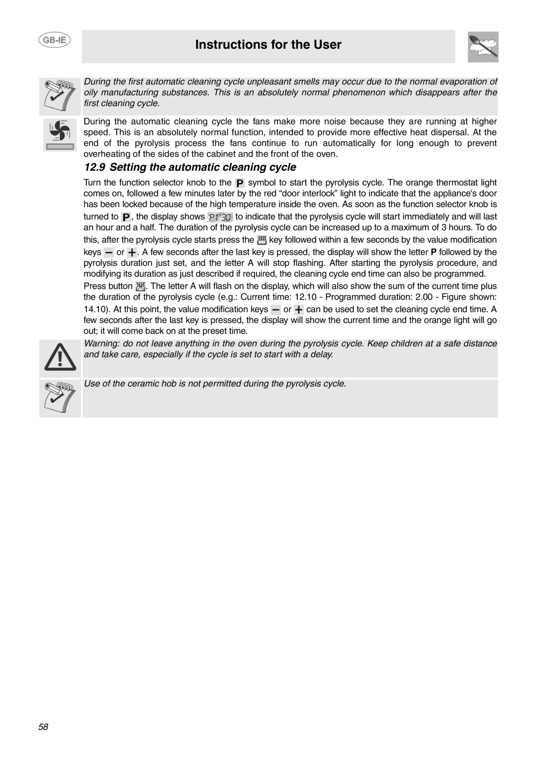 Smeg SCB66MPX5 manual Setting the automatic cleaning cycle 